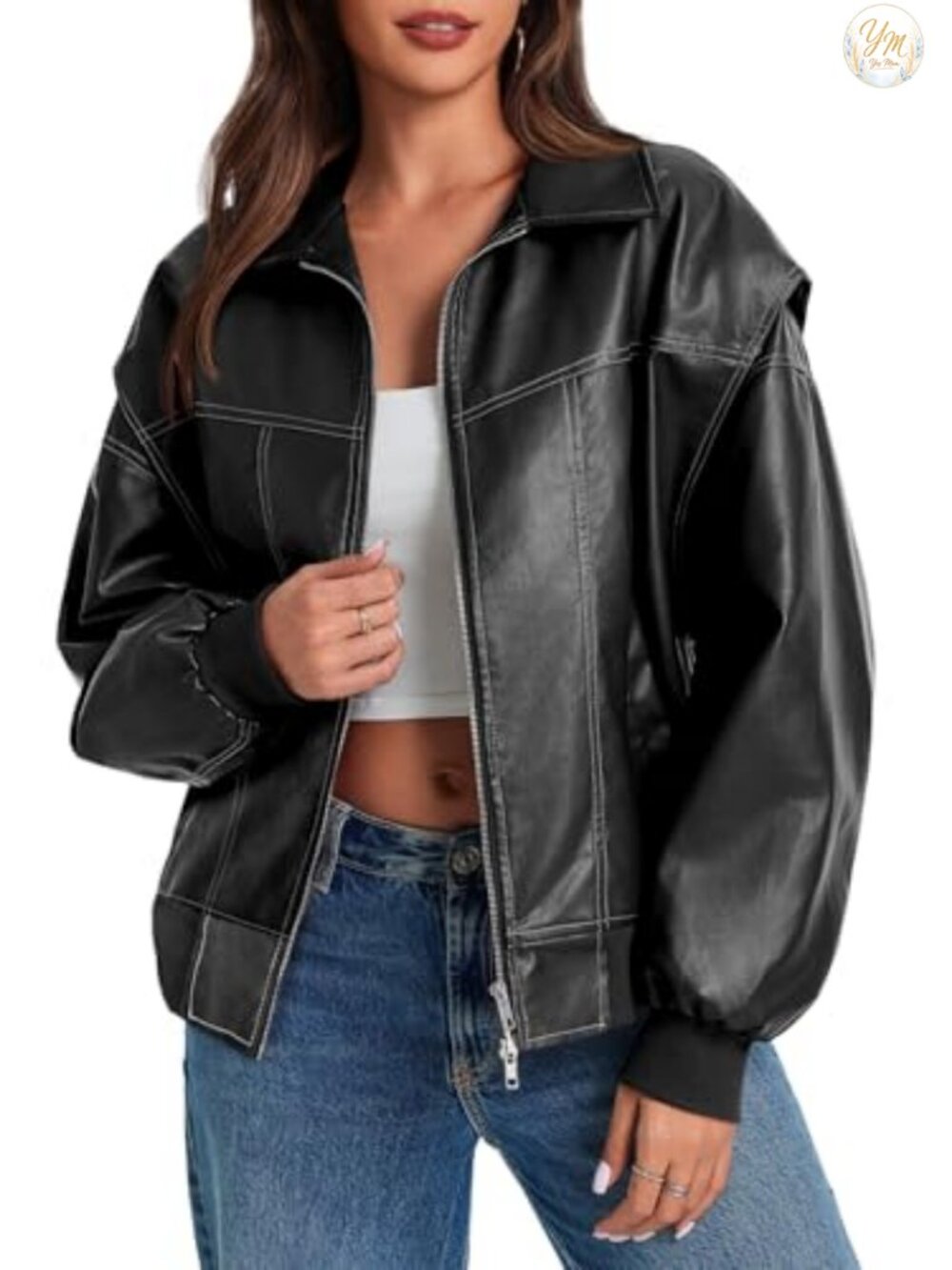 Oversized Faux Leather Bomber Jacket Zip Up Moto Coat Women